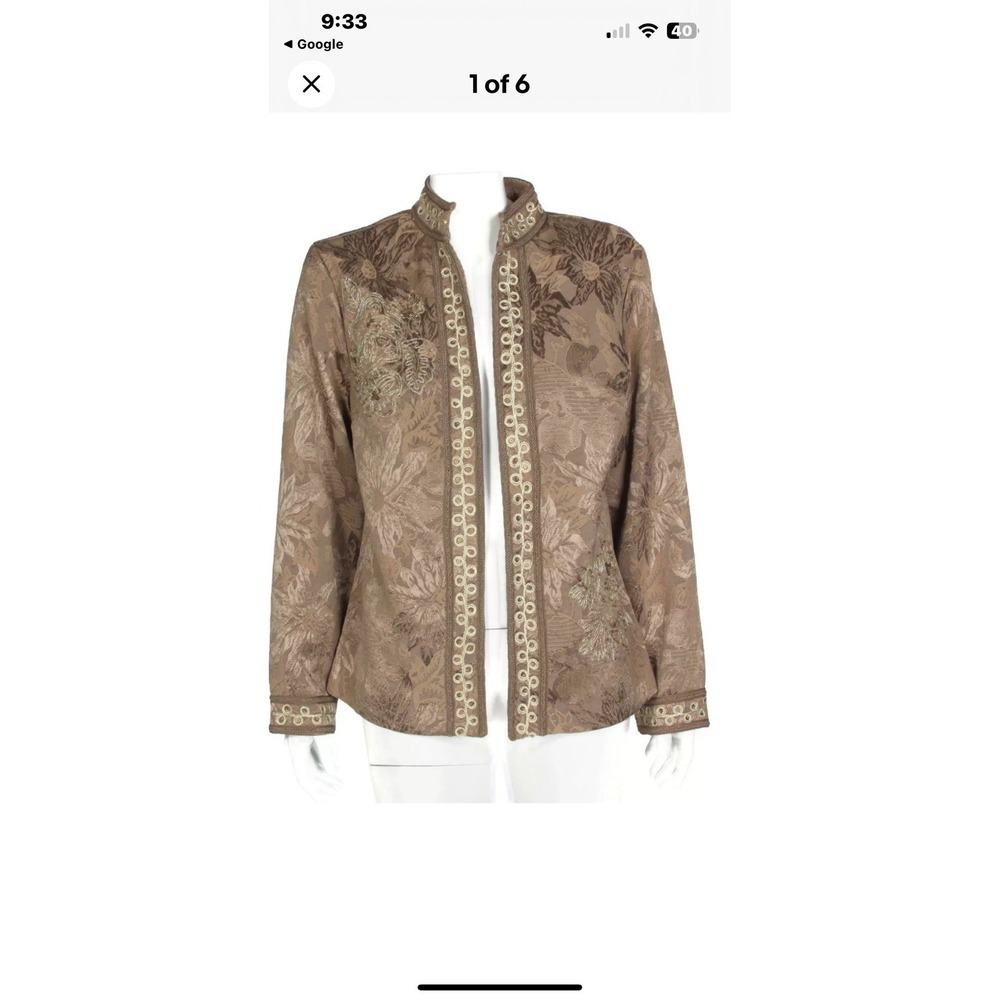 Coldwater Creek Jacket Womens Medium Open Floral Beaded Embellished Taupe